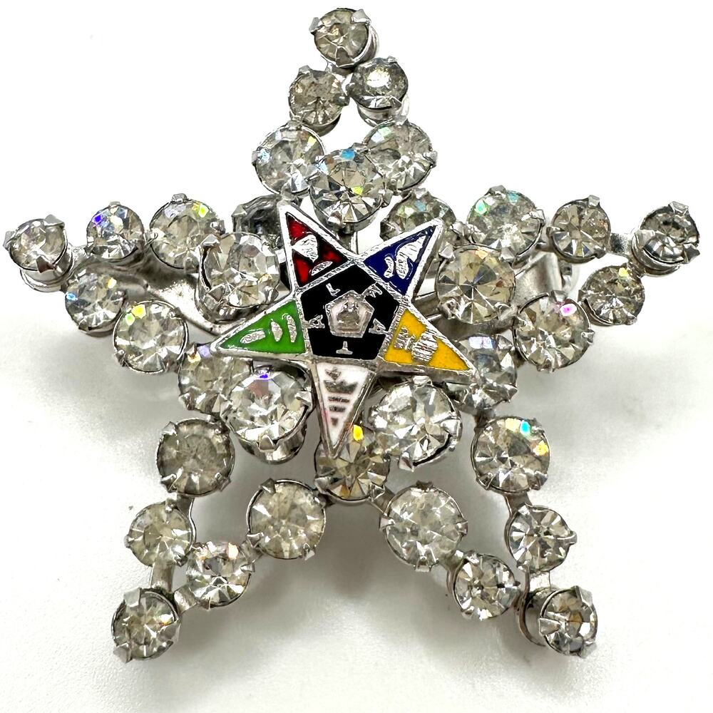 Order of the Eastern 5 point Star vintage silver tone rhinestones enamel brooch